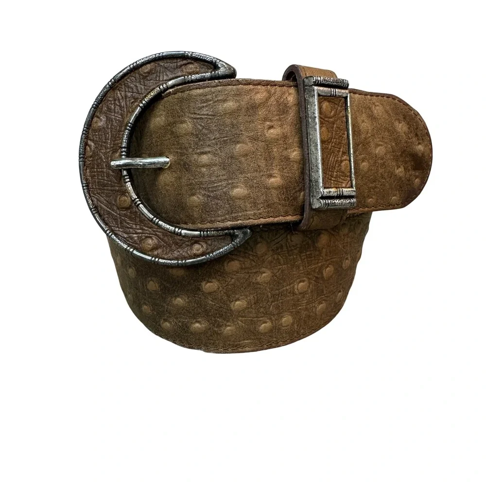 Western Brown Ostrich Embossed Leather Wide Belt Ornate Silver Crescent Buckle